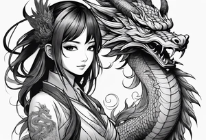 a full shot of an anime girl seen from far, surrounded by asian dragon with wings tattoo idea