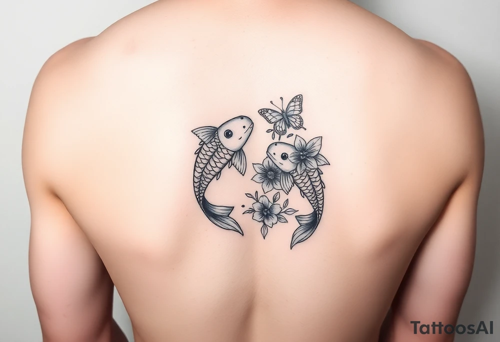 Two small koi fish wrap around wrist tattoo with flowers and butterfly on the wrist fine line tattoo idea