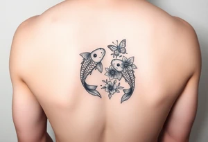 Two small koi fish wrap around wrist tattoo with flowers and butterfly on the wrist fine line tattoo idea