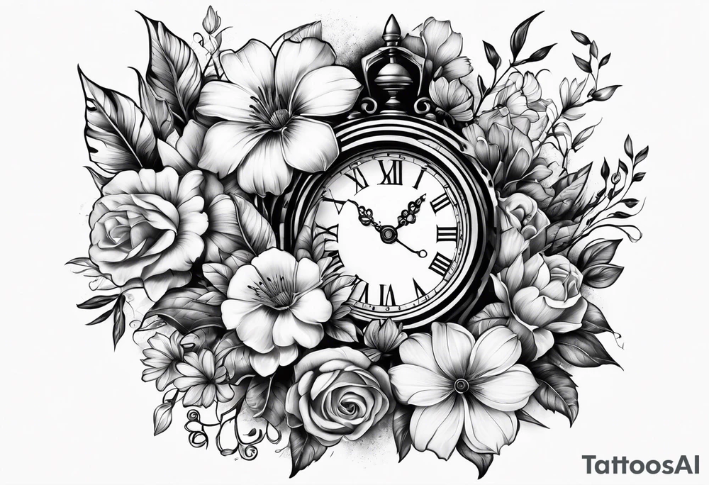 Flowers and clock tattoo idea
