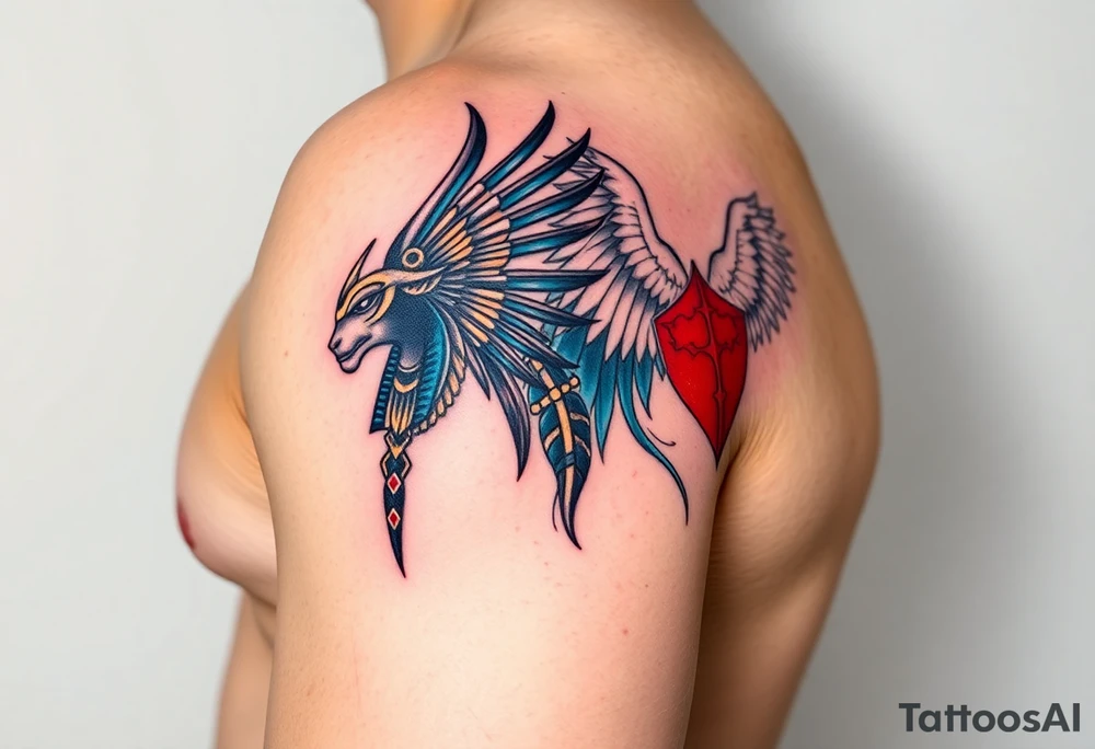 Anubis and a Guardian Angel Back to Back (only red , blue and black are possible colors) tattoo idea