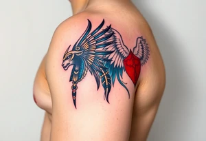 Anubis and a Guardian Angel Back to Back (only red , blue and black are possible colors) tattoo idea