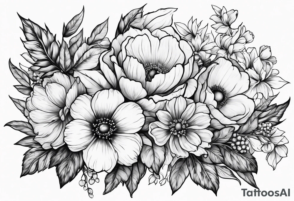February, October and June birthflowers tattoo idea