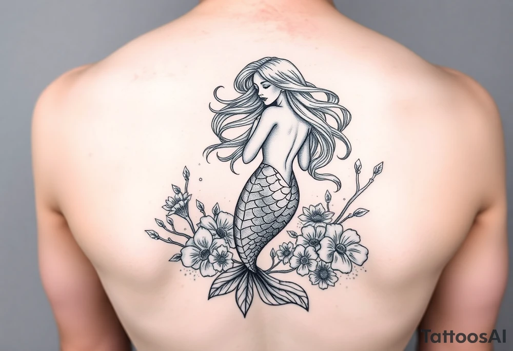 ethereal mermaid with flowing hair among coral and sea flowers tattoo idea