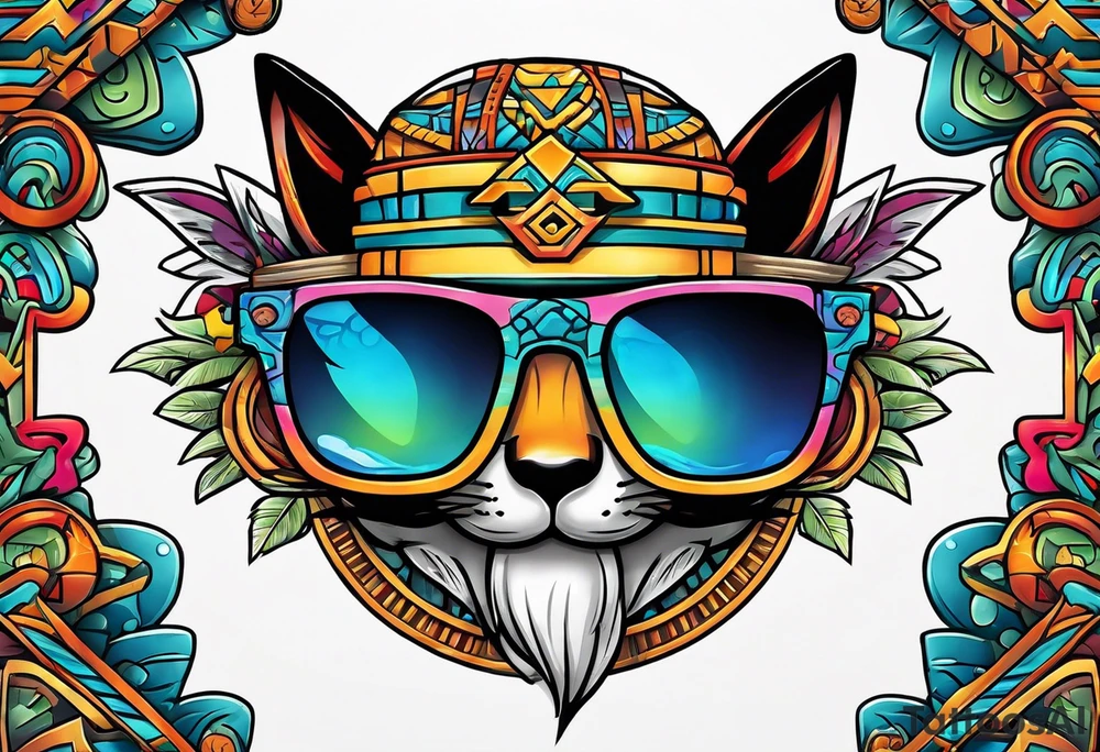 Colorful Mayan hieroglyph wearing sunglasses with bats and water tattoo idea