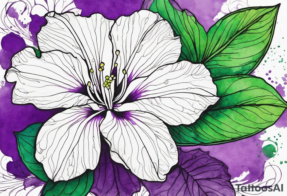 An outline of a green rio dipladenia flower and a green and purple watercolor splash in the background tattoo idea