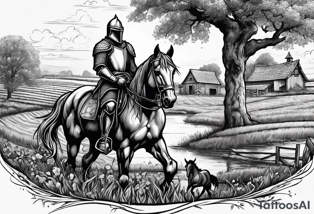a knight kneeling with an old farm in the background and horses in the netherlands and a swimmingpool tattoo idea