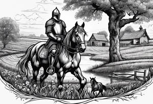 a knight kneeling with an old farm in the background and horses in the netherlands and a swimmingpool tattoo idea