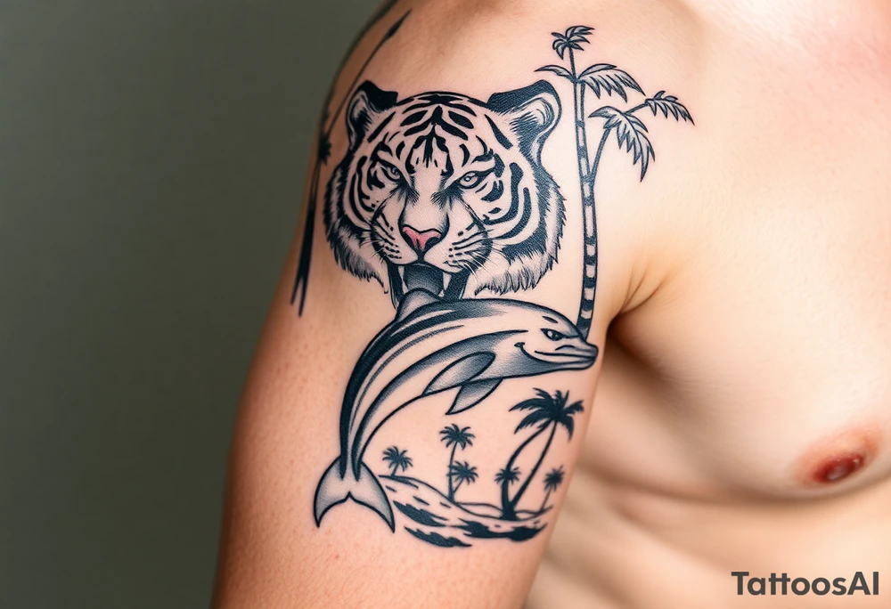 fierce tiger emerging through the trees with a jumping dolphin and palm trees underneath it tattoo idea