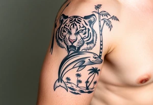 fierce tiger emerging through the trees with a jumping dolphin and palm trees underneath it tattoo idea