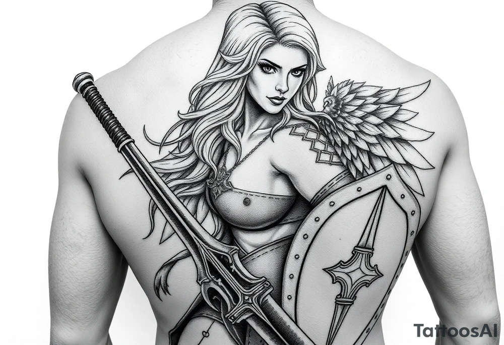 blonde valkyrie with sword and shield -- location calf -- image should show entire body of the valkyrie -- she should have large breasts and beautiful yet tough -- full color, realistic, should have breast armor, less cartoony more realistic, should -- full color-- 
 show her entire body tattoo idea