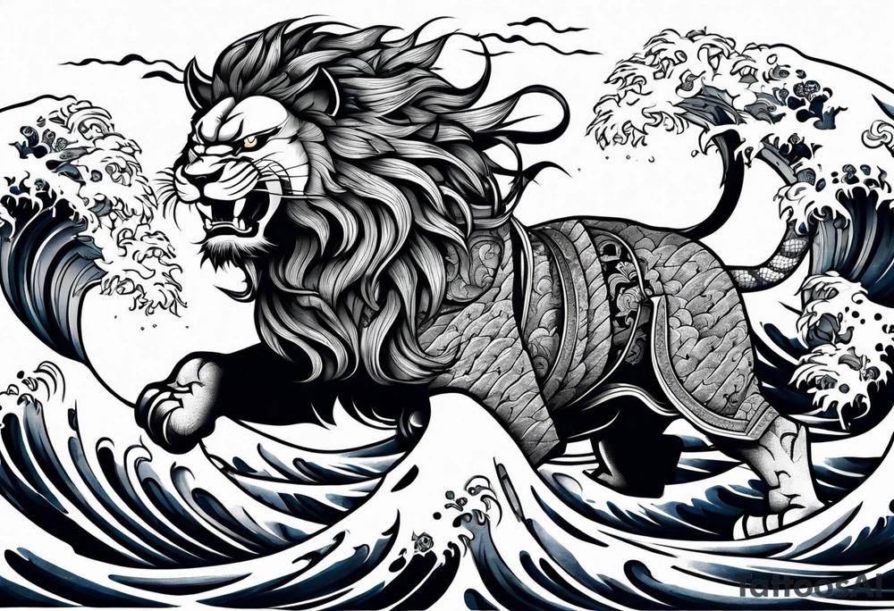 samurai lion with big wave on background for arm tattoo idea