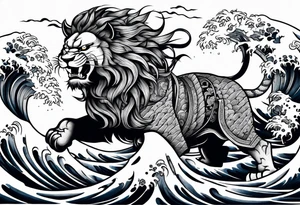 samurai lion with big wave on background for arm tattoo idea
