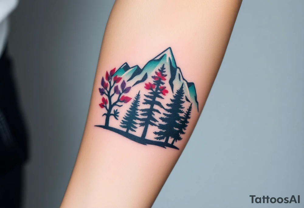 Lower forearm, trees with mountains in background, leaves on the trees are pink, purple, teal, red tattoo idea