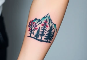 Lower forearm, trees with mountains in background, leaves on the trees are pink, purple, teal, red tattoo idea