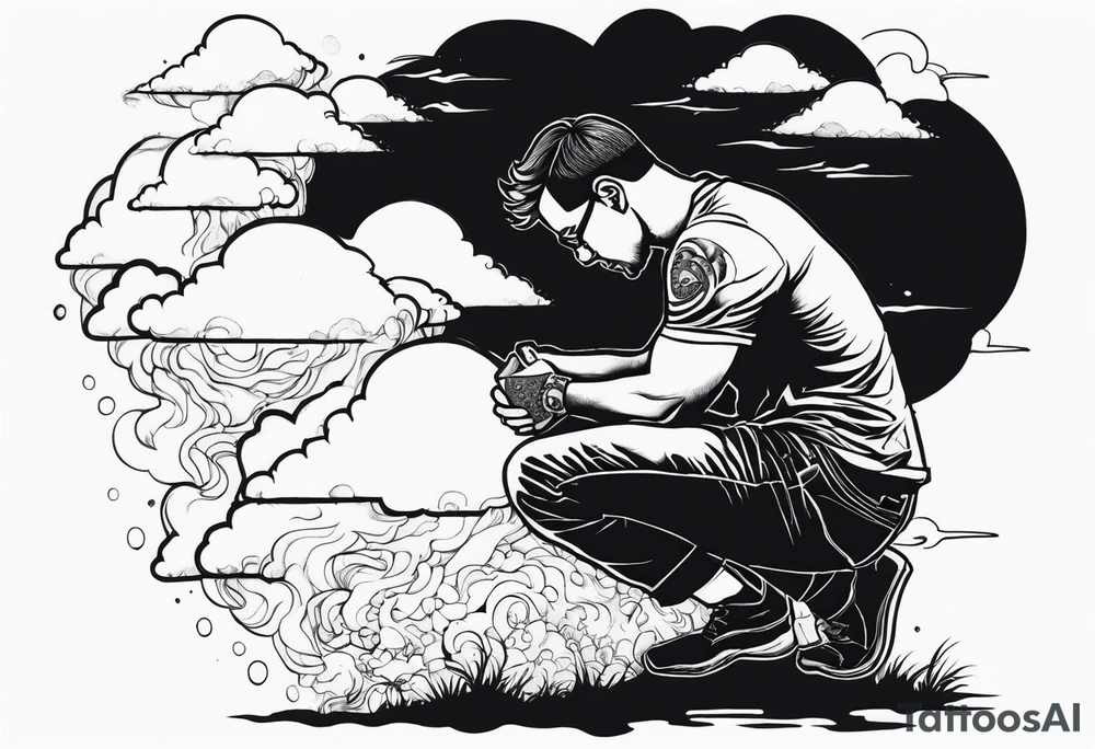 Men kneeling like he went through s bad time and a cloud looking like a debil behind him tattoo idea