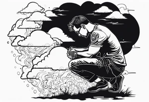 Men kneeling like he went through s bad time and a cloud looking like a debil behind him tattoo idea
