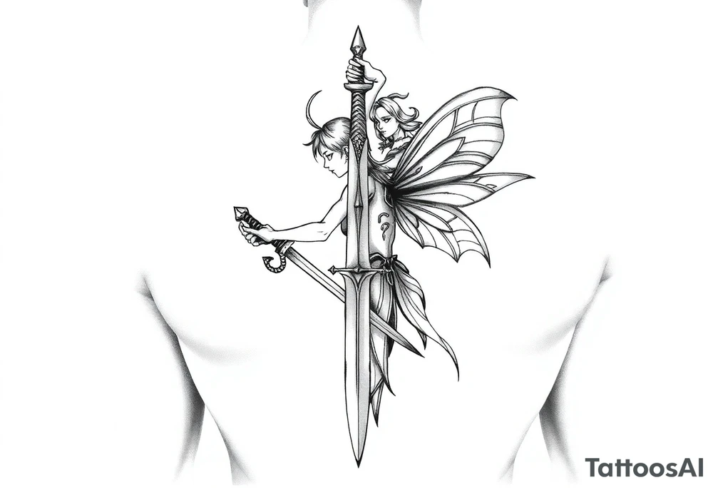 powerful fae fairy holding a sword at a battle big back peice tattoo idea