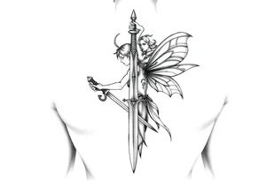 powerful fae fairy holding a sword at a battle big back peice tattoo idea