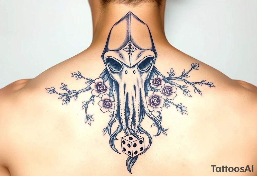 squid knight helmet combined with tree roots, cherry blossoms and roses rolling dice tattoo idea