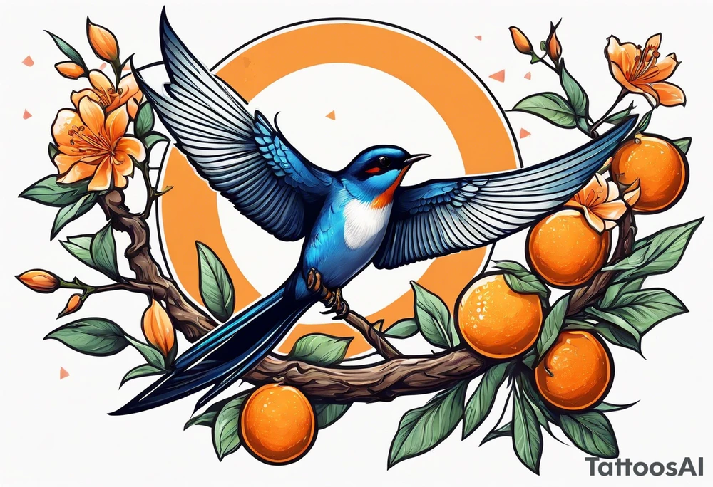 swallow sitting on an orange blossom branch with its wings open tattoo idea