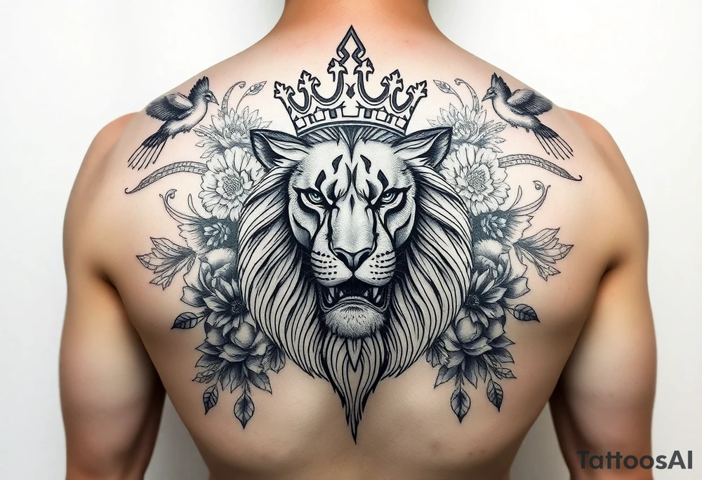 powerful majestic lion with a crown, surrounded by floral ornaments and birds tattoo idea