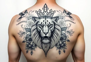 powerful majestic lion with a crown, surrounded by floral ornaments and birds tattoo idea