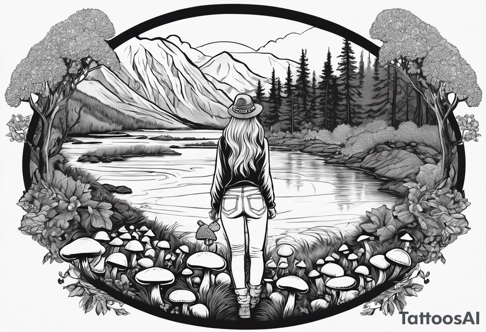 Whole picture encircled fully

Straight long blonde hair hippie girl in distance holding mushrooms in hand facing away toward mountains and creek surrounded by mushrooms long sleeve shirt and hiking pants; whole rendering within a full circle, no cut off circle tattoo idea
