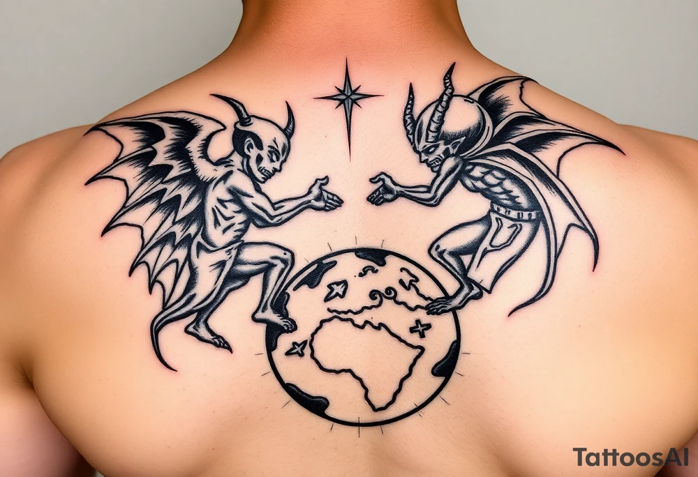 Heaven and hell fighting each other on earth tattoo idea