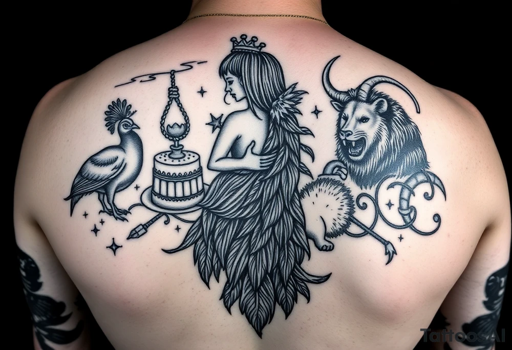 fat naked woman , peacock , pig ,cakes, liquor, cigerette, Storm clouds, pig, peacock , fat sexy naked fat woman, cupcakes, noose , money, goat lion, couple having sex, cigerette storm lightening, killing, darkness death, violent majestic creatures tattoo idea