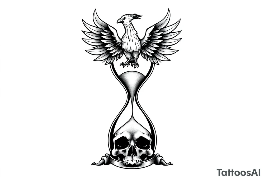 A cracked hourglass with the sands forming a skull below and a phoenix rising from the top. tattoo idea