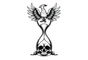 A cracked hourglass with the sands forming a skull below and a phoenix rising from the top. tattoo idea