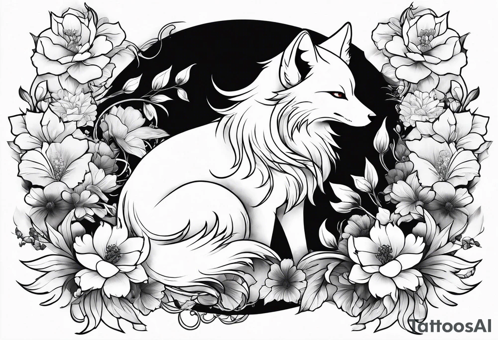 kitsune anime stiyle whit flowers tattoo idea