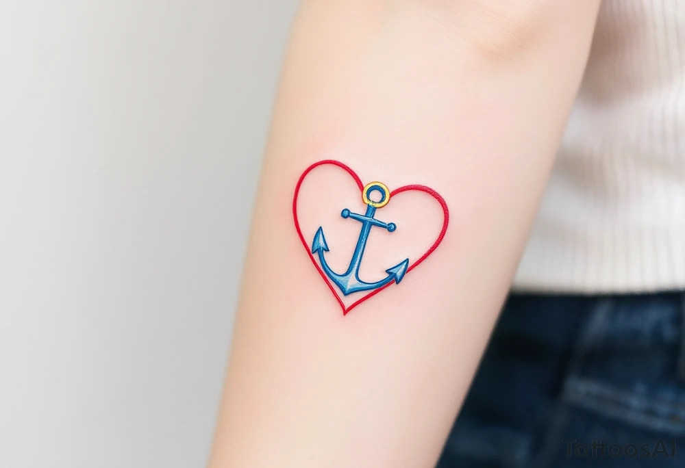 Tiny black font placed within a heart outline in red, with a gold cross on top and a blue anchor below. tattoo idea