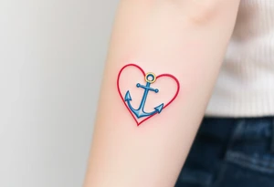Tiny black font placed within a heart outline in red, with a gold cross on top and a blue anchor below. tattoo idea
