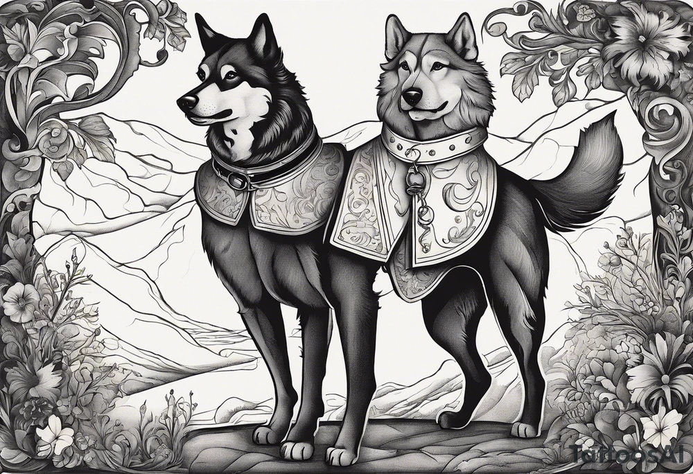 Tattoo of An artistic depiction inspired by Jean de La Fontaine’s fable ‘The Dog and the Wolf.’ The scene shows a sleek, well-groomed dog dressed as a dandy, wearing a luxurious coat and an enormous dog collar with a hang ring. The dog stands proudly, exuding confidence and wealth. Opposite him is a rugged, lean wolf with a wild look, pointing at the dog’s collar with a paw in a gesture of questioning or concern. The setting is a soft shadows and a tranquil yet tense atmosphere. The art style is detailed and elegant, evoking the aesthetic of 18th-century European illustrations.” tattoo idea