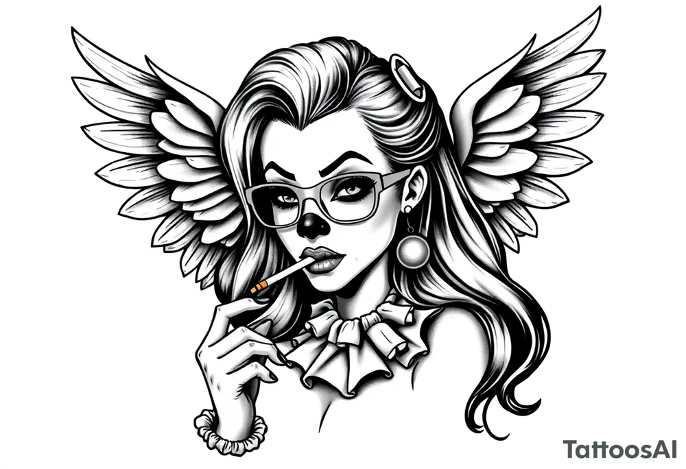 beautiful long hair pin up Clown Girl thug eyeglasses  angelic wings smoking a cigarette tattoo idea