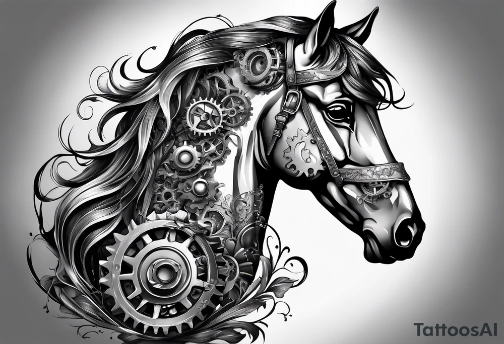 A horse head made fully out of gears tattoo idea