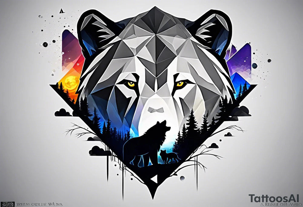 I need to create a sleeve tattoo from shoulder to wrist. The design should include space, stars, forest, sunset, mountains, cliffs, waterfall, water, ocean, wild animals (bear, wolves, elephant), and inserts of triangles and geometric figures. I have two children – a son, Sergei (the eldest), and a daughter, Anna, who live with me and my wife. But I also have another daughter, Marianna, whom I haven't seen for a long time and eagerly await to meet. The tattoo should symbolize love and protection for my children and family, the desire to secure their future, and confidence in tomorrow. It should reflect the notion of not looking back, but always moving forward and achieving goals! tattoo idea