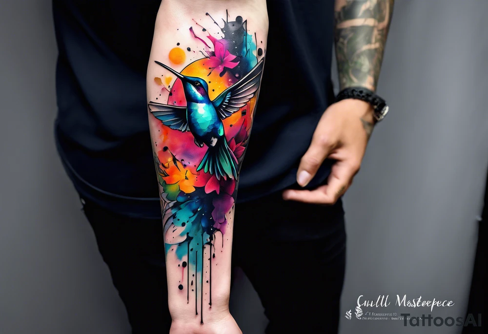 large forearm tattoo with lines, splatters, abstract shapes, very colorful add hummingbird. open space. tattoo idea