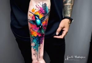 large forearm tattoo with lines, splatters, abstract shapes, very colorful add hummingbird. open space. tattoo idea