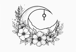 hand tattoo of a Crescent moon with a heart inside, shrouded by beautiful flowers with wisps of mist tattoo idea