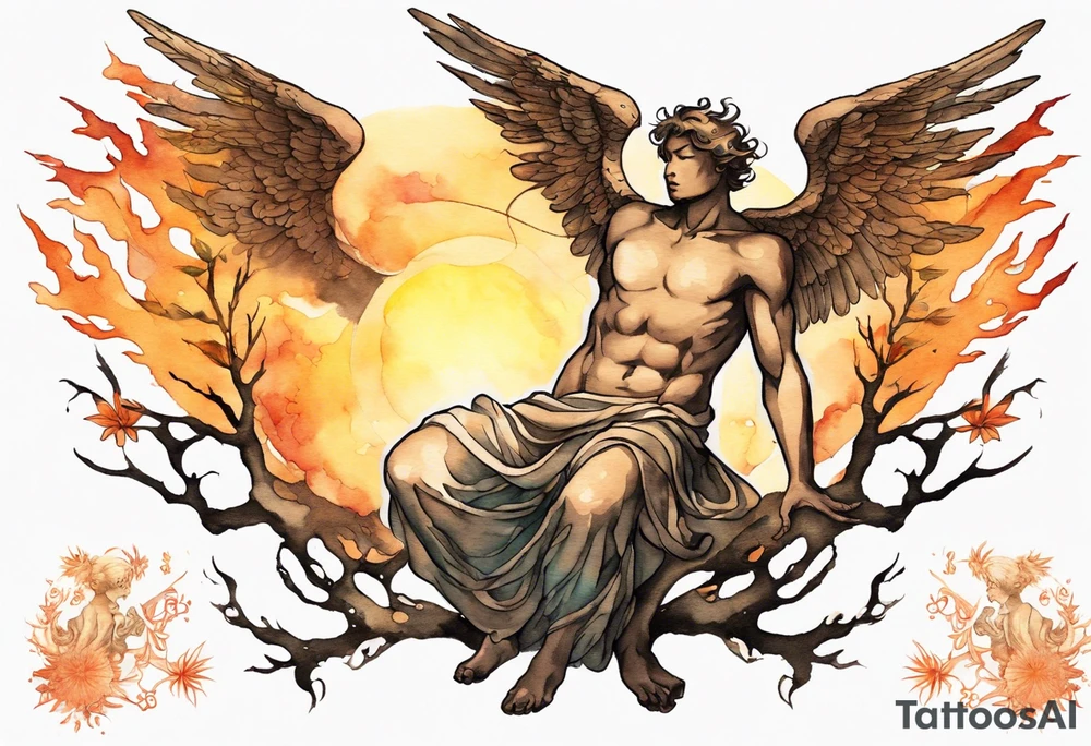 a bronze skinned male angel in front of a blazing sun looking down upon a tree tattoo idea
