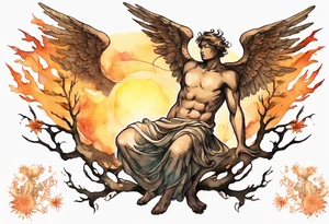 a bronze skinned male angel in front of a blazing sun looking down upon a tree tattoo idea