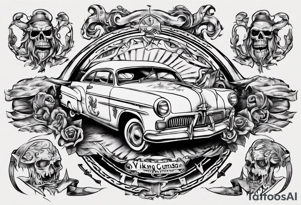 I want a tattoo of an old vintage open ceiling car and a vaking in the back with the name “Viking Customs” incorporated in the design tattoo idea