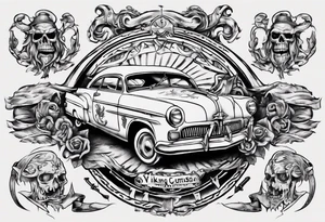 I want a tattoo of an old vintage open ceiling car and a vaking in the back with the name “Viking Customs” incorporated in the design tattoo idea