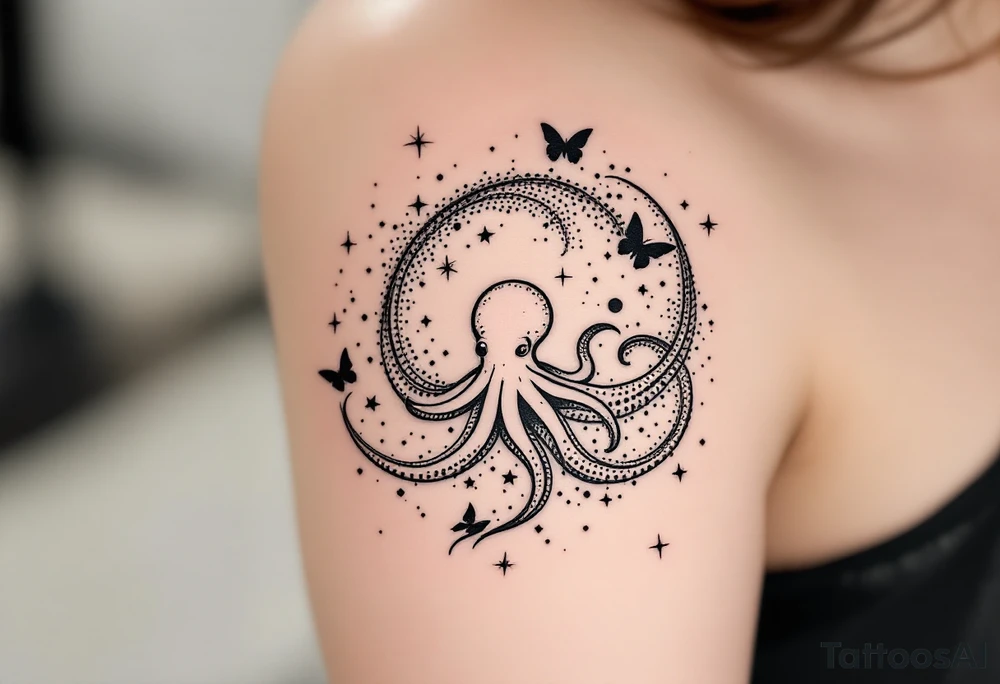 A minimalist dotwork tattoo design in the shape of a spiral galaxy. In the center, a small octopus is subtly integrated into the swirl, with flowing tentacles that extend along the spiral arms. The tentacles transform into elegant, curving lines resembling the flowing tails of koi or betta fish, partially in black ink and partially in fine red lines. Small stars are scattered throughout the galaxy shape, and two delicate butterflies hover near the edges. cosmic abstraction style, dotwork, fine line, with elements of Japanese graphic tattoo flow, minimalist octopus tattoo idea