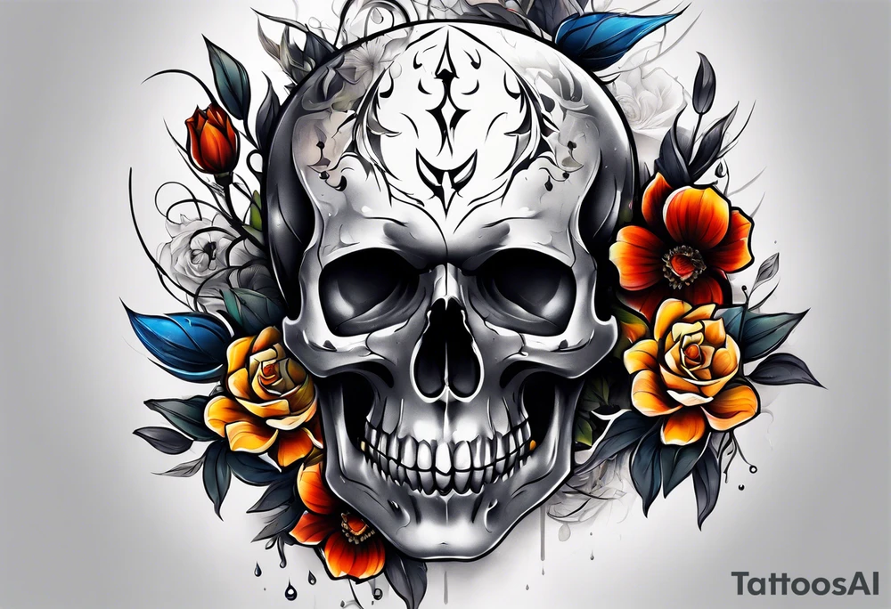 center Knee tattoo with realistic evil skull, various flowers, water and fall colors tattoo idea