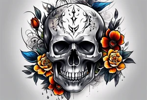 center Knee tattoo with realistic evil skull, various flowers, water and fall colors tattoo idea