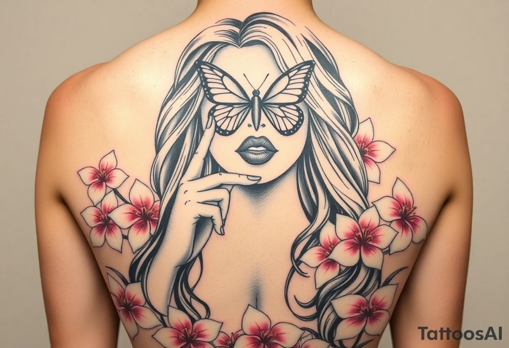 Womens realistic face with her long wavey hair flowing down. Her back  while she kneels down  naked on Her knees in Beautiful pink plumeria
 looking straight ahead her eyes are there but covered by a butterfly for each eye her small nose i seen her as she has her index finger to her lips as if saying keep it a secret or be quiet and her arm up with both hand to each of her ears as not trying to hear anything tattoo idea